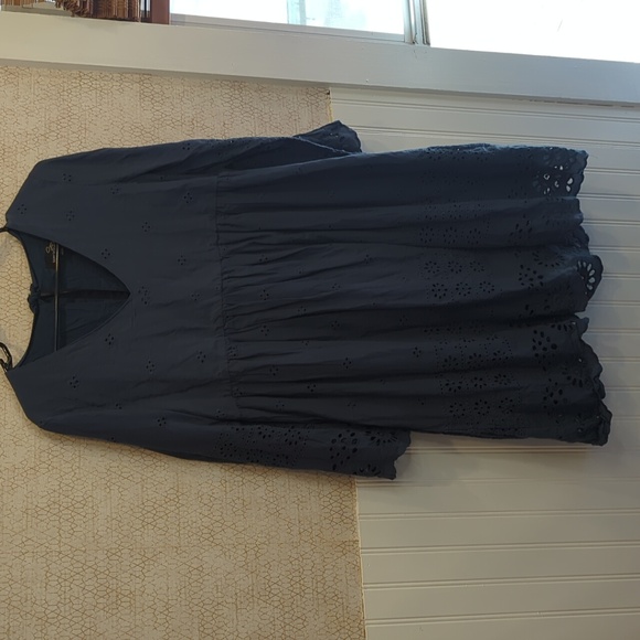 Suzanne Betro Navy Eyelet Empire Waist Dress, Bell Sleeves, Cotton, Navy, Medium - Picture 5 of 8